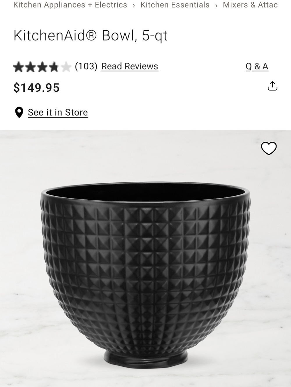 NEW KitchenAid Bowl Stand Mixer Matte Black Studded 5-Quart Ceramic Mixing Bowl